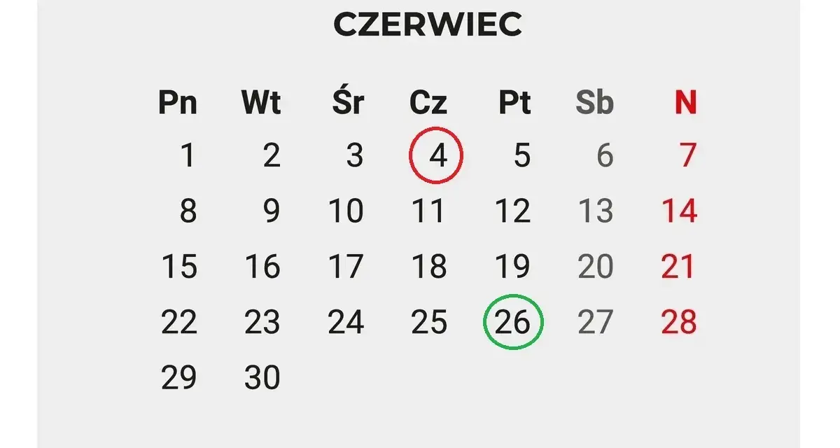 Kalendarz Czerwiec. 26 czerwca, kiedy kończy się rok szkolny, zaznaczone zieloną obwódką.