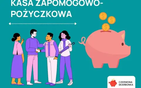 Kasa zapomogowo-pożyczkowa (KZP) to miejsce, gdzie ludzie pomagają sobie finansowo. Na obrazku widzimy ludzi i skarbonkę, symbolizującą oszczędności.