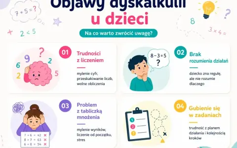 Objawy dyskalkulii u dzieci: trudności z liczeniem, brak rozumienia działań, problemy z tabliczką mnożenia, gubienie się w zadaniach.