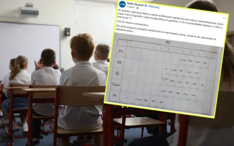 Uczniowie klasy 6 siedzą w ławkach, patrząc na plan lekcji. Widać zajęcia z języka angielskiego, matematyki i WF.
