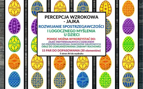 Kolorowe jajka wielkanocne do dopasowania, rozwijające percepcję wzrokową i spostrzegawczość u dzieci.