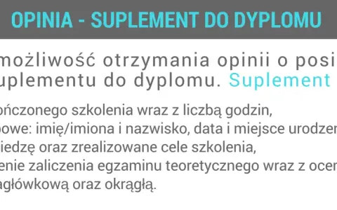 Opinia - suplement do dyplomu zawiera dane szkolenia, osobiste, wiedzę, ocenę egzaminu i pieczęcie.