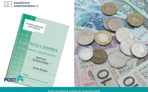 Książeczka zdrowia dla celów sanitarno-epidemiologicznych obok polskich monet i banknotów.