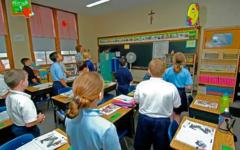 Dzieci słuchają katechety w klasie. Na ścianie wisi krzyż, a na tablicy kolorowe rysunki.