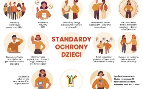 Grafika przedstawia zasady ochrony dzieci, w tym informacje o przemocy i szacunku. Nie ma tu wzmianki o rejestrze sprawców na tle seksualnym.