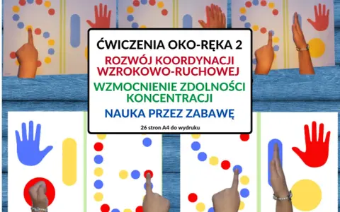 Ćwiczenia rozwijające koordynację wzrokowo-ruchową. Dzieci wskazują palcami kolorowe kropki na kartach.