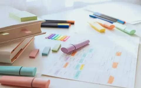 Planowanie nauki do ferie zimowe 2026 zachodniopomorskie. Kolorowe zakreślacze, książki i karteczki pomogą w organizacji.