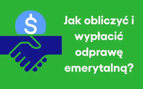Ikona dłoni ściskających się nad monetą z symbolem dolara. Tekst: "Jak obliczyć i wypłacić odprawę emerytalną?".