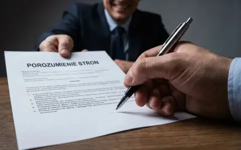 Uśmiechnięty mężczyzna podaje dokument "Porozumienie stron", a druga osoba podpisuje go.