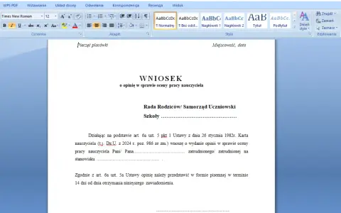 Wniosek o opinię w sprawie oceny pracy nauczyciela przedszkola. Dokument zawiera nagłówek "Wniosek o opinię w sprawie oceny pracy nauczyciela" i dane dotyczące Rady Rodziców.