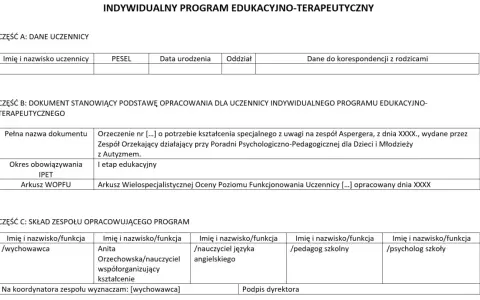 Formularz Indywidualnego Programu Edukacyjno-Terapeutycznego (IPET). Sekcja B zawiera informacje o orzeczeniu i etapie edukacyjnym.