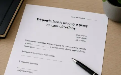 Dokument "Wypowiedzenie umowy o pracę na czas określony" leży na biurku obok długopisu.