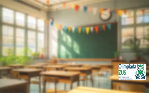 Pusta klasa z ławkami i tablicą, ozdobiona girlandą. Logo "Olimpiada ZUS" sugeruje, że to miejsce przygotowań do wiedzy o ubezpieczeniach.