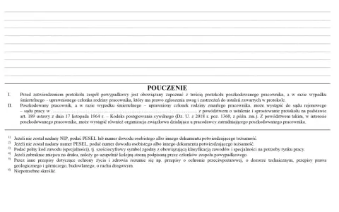 Instrukcja do protokołu powypadkowego: zapoznanie z treścią, dane poszkodowanego, możliwość odwołania do sądu.