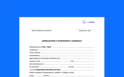 Formularz "Zaświadczenie o zatrudnieniu i zarobkach" z danymi pracownika, jego danymi osobowymi i informacją o wynagrodzeniu.