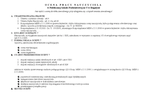 Ocena pracy nauczyciela mianowanego w Publicznej Szkole Podstawowej nr 5 w Bogatyni. Dokument określa kryteria, formę i skalę oceny.