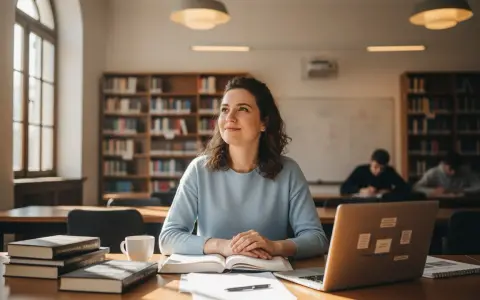 Studentka z uśmiechem na twarzy, otoczona książkami i laptopem, w bibliotece. Jej przygotowanie pedagogiczne przynosi jej satysfakcję.