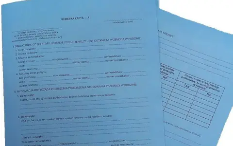 Niebieska karta wypełniana jest, gdy istnieje podejrzenie przemocy w rodzinie. Formularz zawiera dane osoby dotkniętej przemocą i sprawcy.