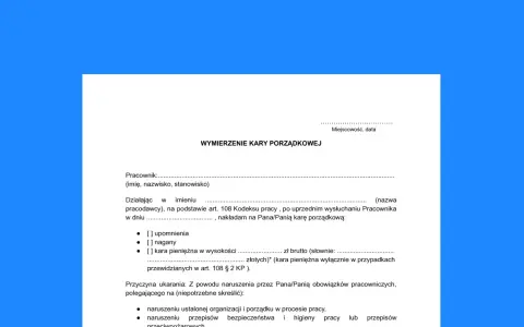 Dokument "Wymierzenie kary porządkowej" dla pracownika, który nie przeszedł szkolenie bhp.