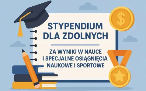 Stypendium w szkole podstawowej dla zdolnych uczniów za wyniki w nauce i osiągnięcia. Dyplom, biret, ołówek, książki, medale i moneta z dolarem.