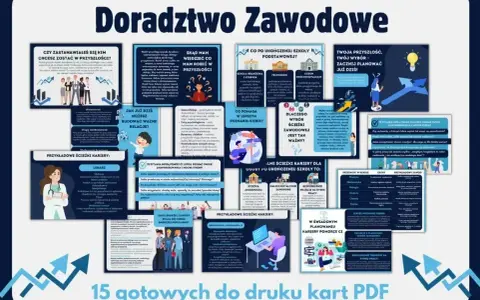 Plakat informacyjny o doradztwie zawodowym, zawierający karty PDF z poradami dla młodzieży. Pomaga w wyborze ścieżki edukacyjnej i kariery.