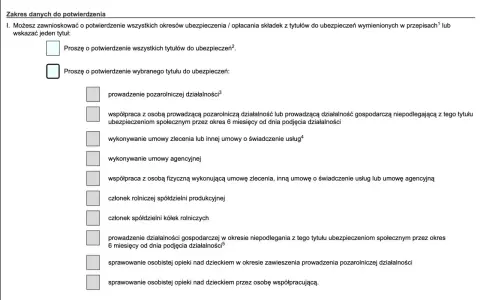 Formularz wniosku o potwierdzenie tytułów do ubezpieczeń, w tym umowa zlecenie.