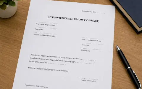 Dokument "Wypowiedzenie umowy o pracę" na biurku, gotowy do wypełnienia. To formalny krok w procesie rozwiązania umowy o pracę za wypowiedzeniem.