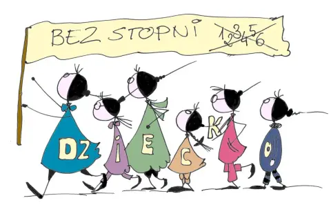 Dzieci niosą transparent "BEZ STOPNI", symbolizując zmianę w rozporządzeniu w sprawie oceniania i klasyfikowania tekst jednolity.
