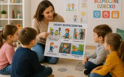 Nauczycielka omawia z dziećmi zasady bezpieczeństwa, pokazując ilustracje dotyczące przechodzenia przez ulicę, jazdy na rowerze i kontaktu z obcymi. Edukacja dla bezpieczeństwa jest kluczowa.