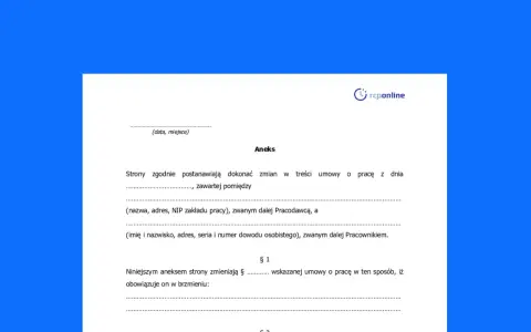 Aneks do umowy o pracę, który stanowi porozumienie zmieniające warunki pracy i płacy. Dokument zawiera dane pracodawcy i pracownika.