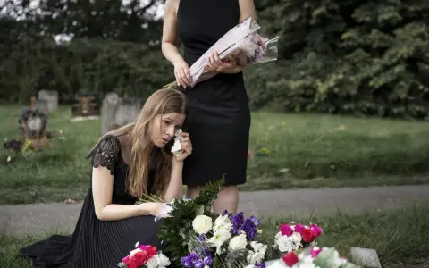 Smutna kobieta w czarnej sukience klęczy przy grobie, ocierając łzy. Obok stoi druga kobieta z bukietem kwiatów. To obraz żałoby, trudny urlop macierzyński po poronieniu.