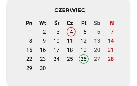 Kalendarz Czerwiec. 26 czerwca, kiedy kończy się rok szkolny, zaznaczone zieloną obwódką.