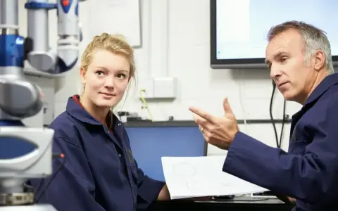 Młoda pracownica i starszy mężczyzna omawiają dokumentację techniczną. To część rutynowych badań okresowych pracowników.