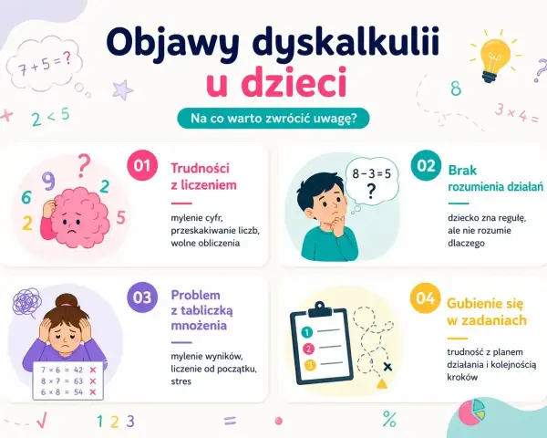 Objawy dyskalkulii u dzieci: trudności z liczeniem, brak rozumienia działań, problemy z tabliczką mnożenia, gubienie się w zadaniach.