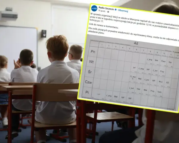 Uczniowie klasy 6 siedzą w ławkach, patrząc na plan lekcji. Widać zajęcia z języka angielskiego, matematyki i WF.