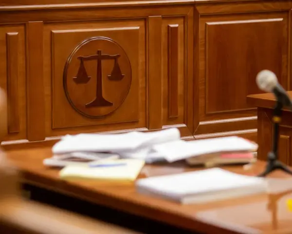 Sądowa sala z symbolem wagi sprawiedliwości i stosem dokumentów, zapewniająca zgodność z oryginałem.