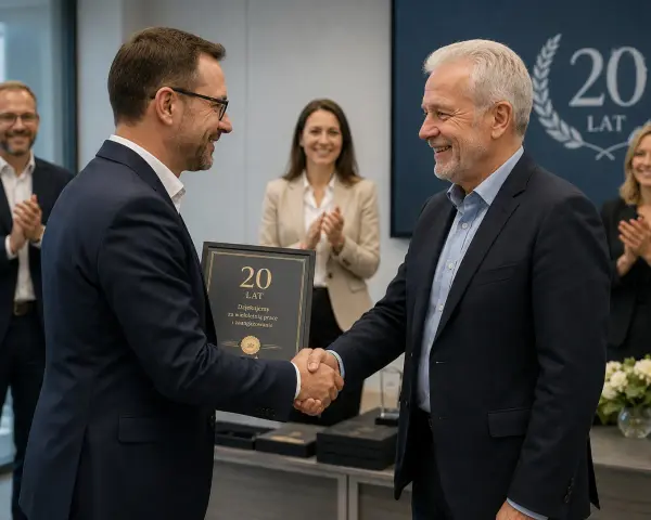 Wręczenie nagrody jubileuszowej pracownikowi samorządowemu za 20 lat pracy. Uroczystość z udziałem współpracowników.