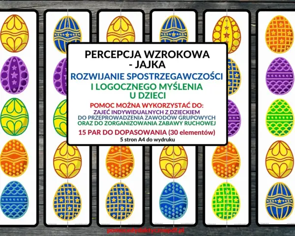 Kolorowe jajka wielkanocne do dopasowania, rozwijające percepcję wzrokową i spostrzegawczość u dzieci.