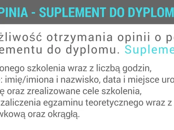 Opinia - suplement do dyplomu zawiera dane szkolenia, osobiste, wiedzę, ocenę egzaminu i pieczęcie.