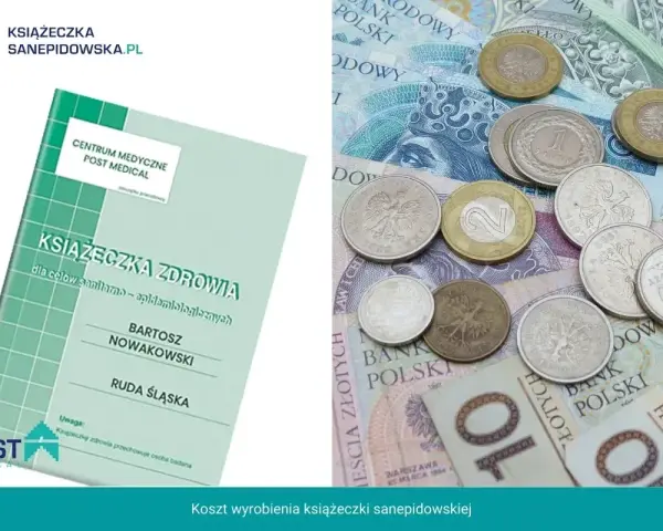 Książeczka zdrowia dla celów sanitarno-epidemiologicznych obok polskich monet i banknotów.