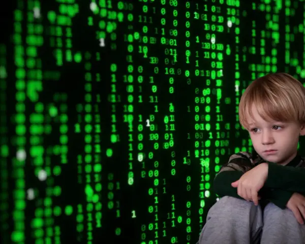 Smutny chłopiec siedzi przed ekranem z zielonym kodem, symbolizującym cyberprzemoc.
