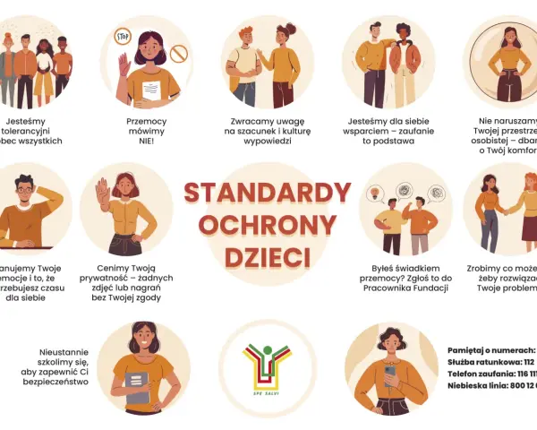 Grafika przedstawia zasady ochrony dzieci, w tym informacje o przemocy i szacunku. Nie ma tu wzmianki o rejestrze sprawców na tle seksualnym.