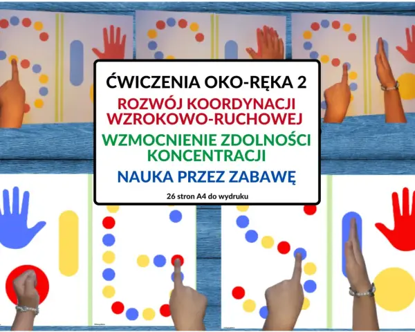 Ćwiczenia rozwijające koordynację wzrokowo-ruchową. Dzieci wskazują palcami kolorowe kropki na kartach.