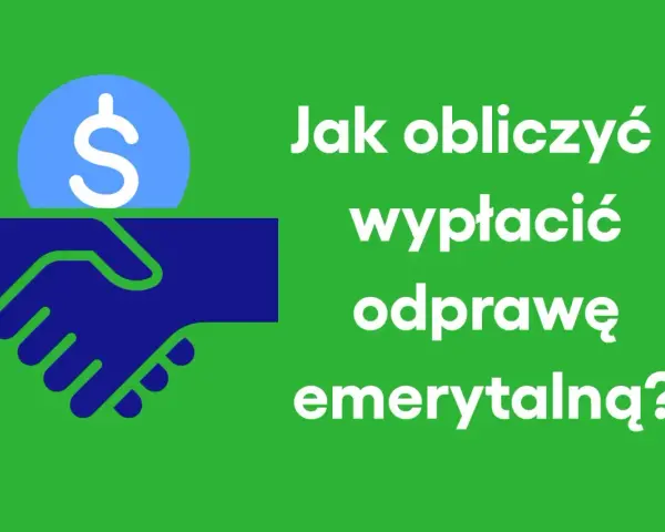 Ikona dłoni ściskających się nad monetą z symbolem dolara. Tekst: "Jak obliczyć i wypłacić odprawę emerytalną?".