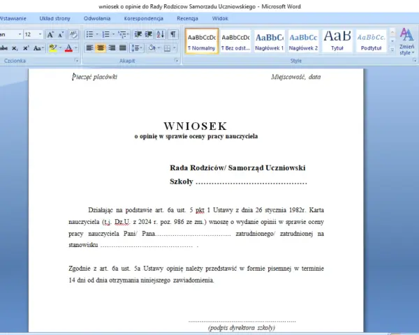 Wniosek o opinię w sprawie oceny pracy nauczyciela przedszkola. Dokument zawiera nagłówek "Wniosek o opinię w sprawie oceny pracy nauczyciela" i dane dotyczące Rady Rodziców.