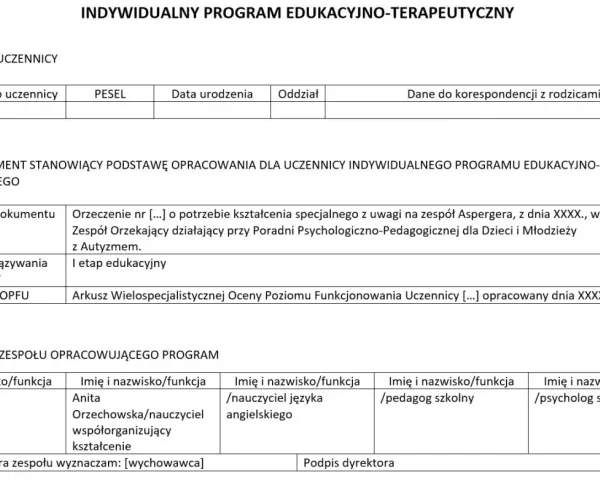 Formularz Indywidualnego Programu Edukacyjno-Terapeutycznego (IPET). Sekcja B zawiera informacje o orzeczeniu i etapie edukacyjnym.