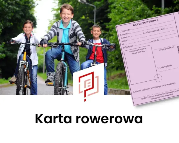 Trzech uśmiechniętych chłopców na rowerach. Obok różowa karta rowerowa, na której widnieje pole "Nazwa podmiotu wydającego kartę rowerową".