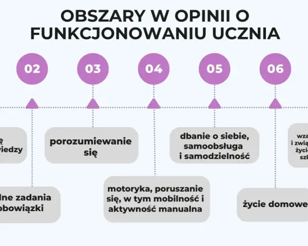 Obszary w opinii o funkcjonowaniu ucznia: uczenie się, porozumiewanie się, dbanie o siebie, kontakty międzyludzkie, życie domowe.