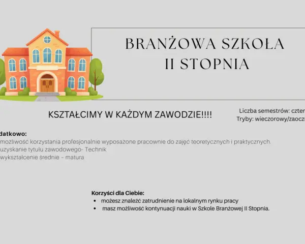 Szkoła Branżowa II Stopnia kształci w zawodach, oferując praktyczne pracownie i możliwość zdobycia tytułu technika.