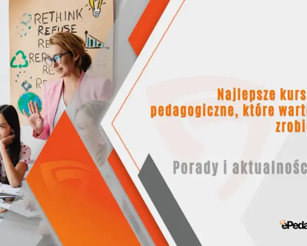 Nauczycielka prowadzi kurs pedagogiczny. Uczniowie słuchają z uwagą. Na plakacie hasła "Rethink, Refuse, Repurpose".